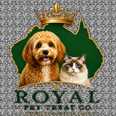 Royal Pets logo featuring a golden doodle dog and tabby cat on a green shield with gold crown