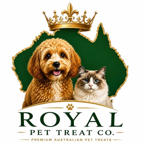 Royal Pet Treat Co. logo featuring a golden doodle dog and tabby cat on Australian map with crown